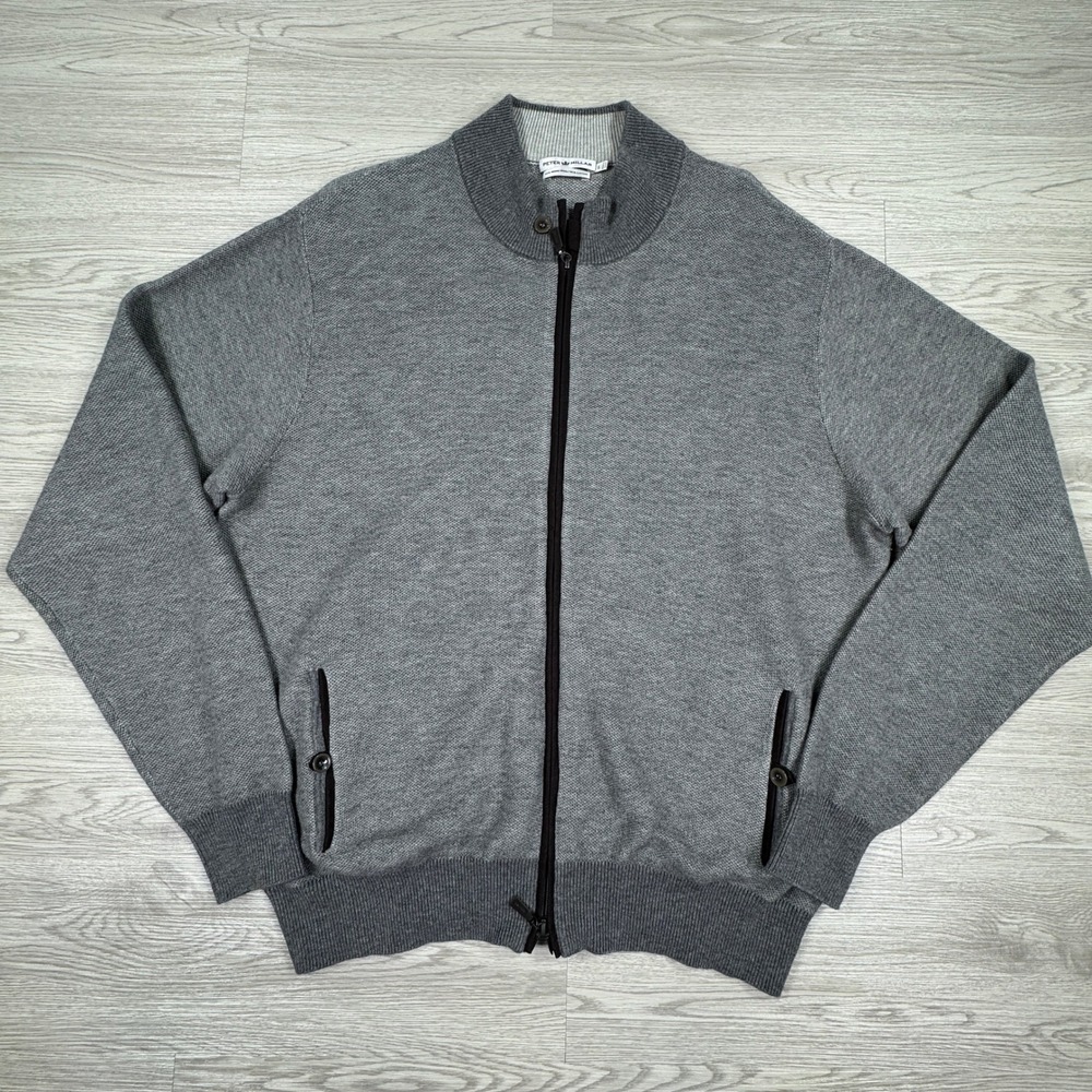 Peter Millar Men's Sweater Full Zip Merino Wool Cotton Gray Large Mock Neck‎